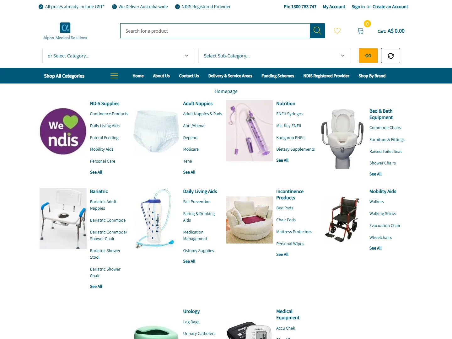 The Alpha Medical Solutions online store, showing its range of medical and NDIS supplies