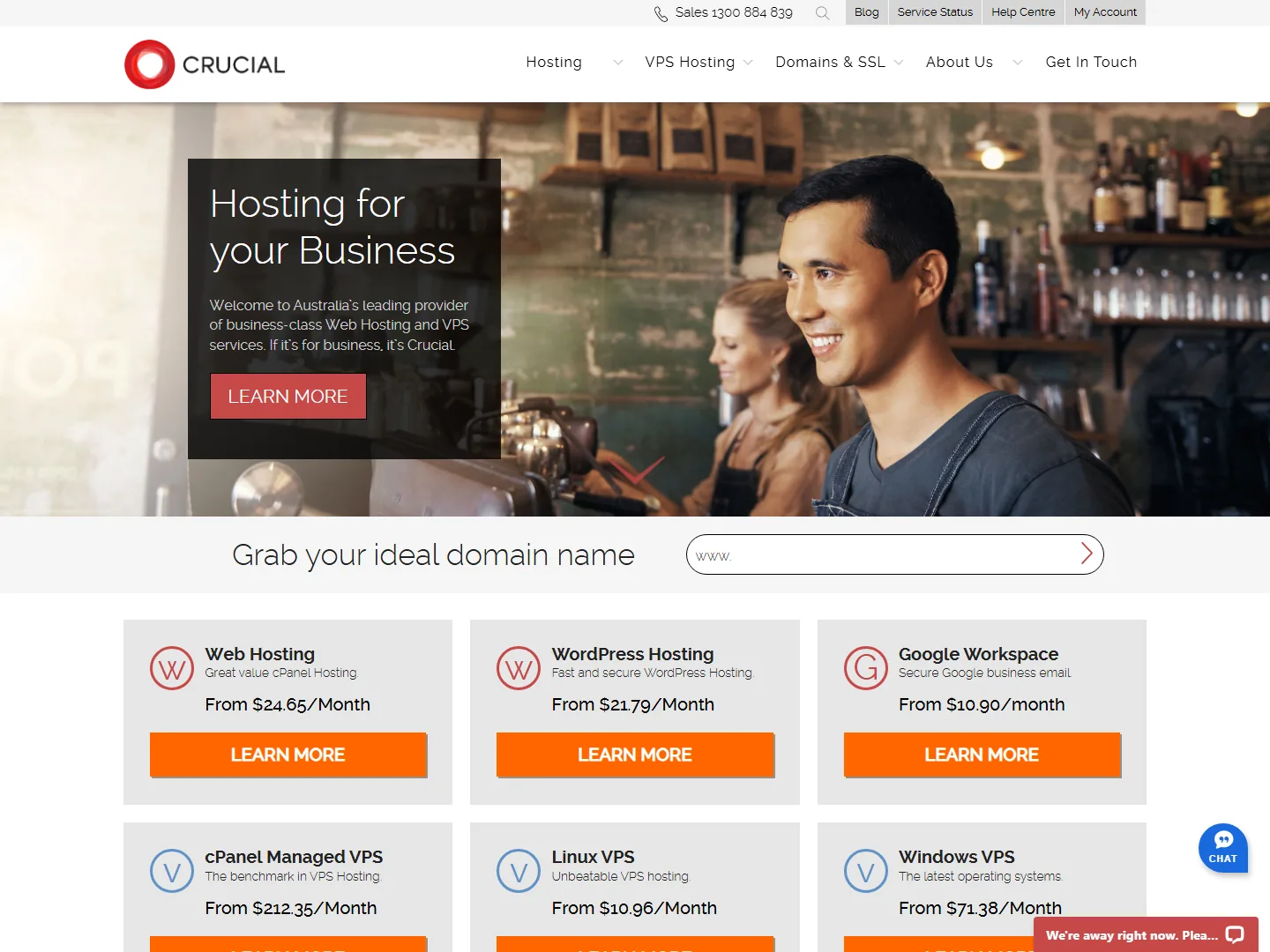 The Crucial website, advertising Australian business web hosting and VPS services