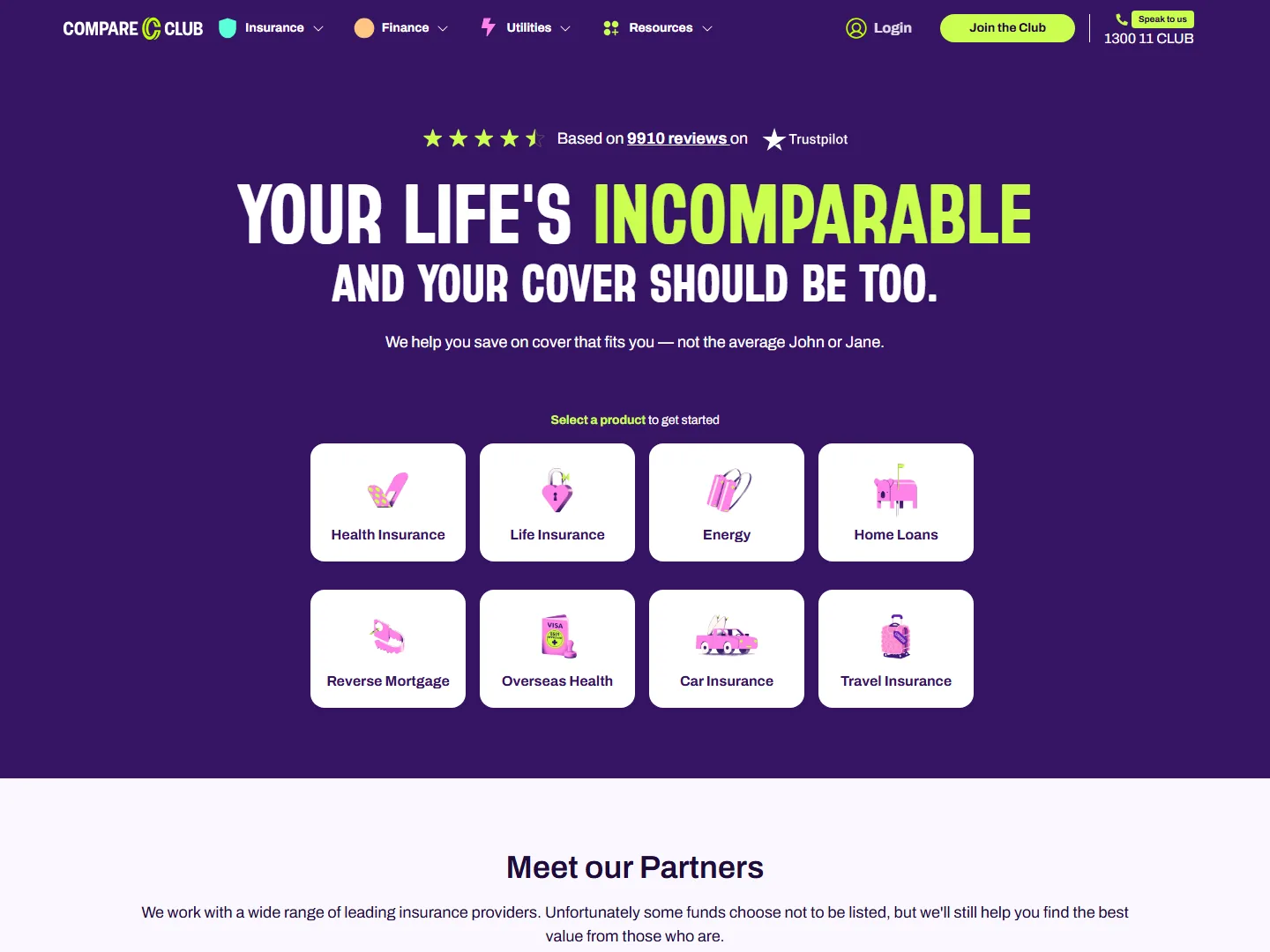 The Compare Club website, showing its health insurance and finance comparison options