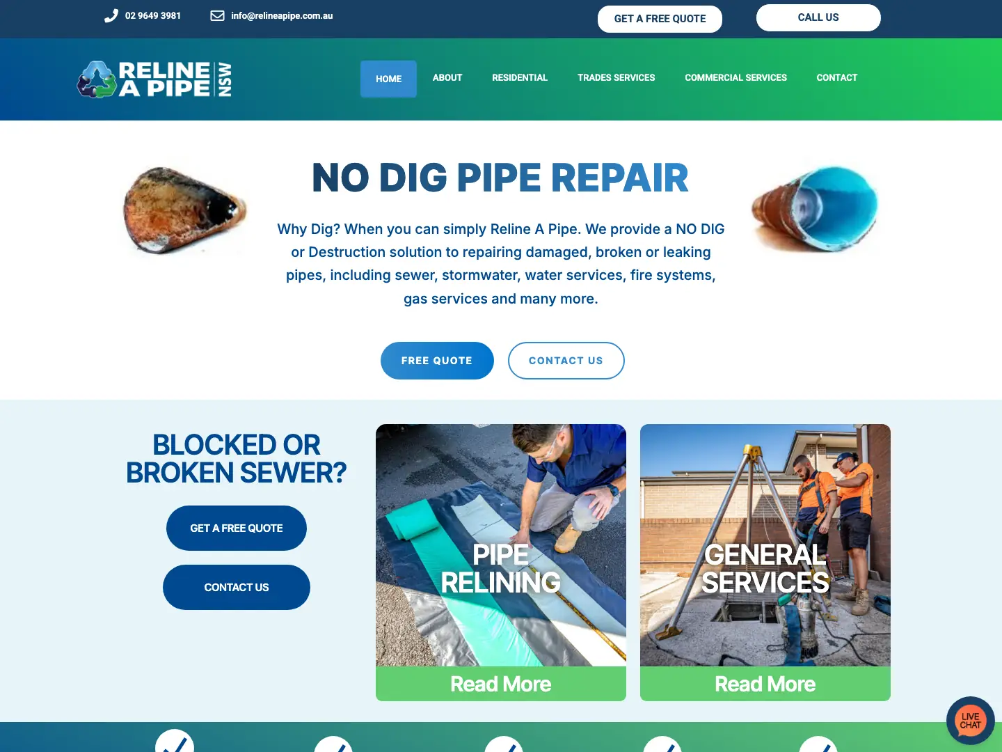 The Reline A Pipe pipe relining website homepage