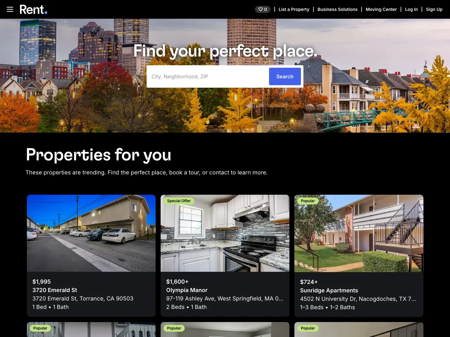 The Rent.com homepage, with an apartment search box over a city skyline