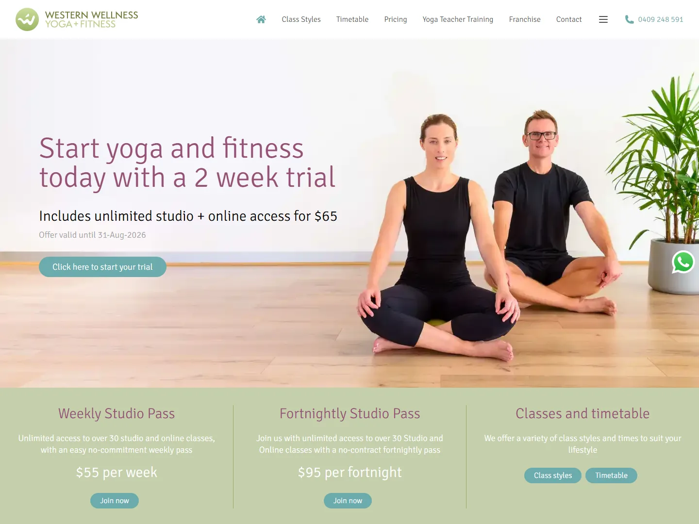 The Western Wellness website, showing its Werribee yoga and fitness studio